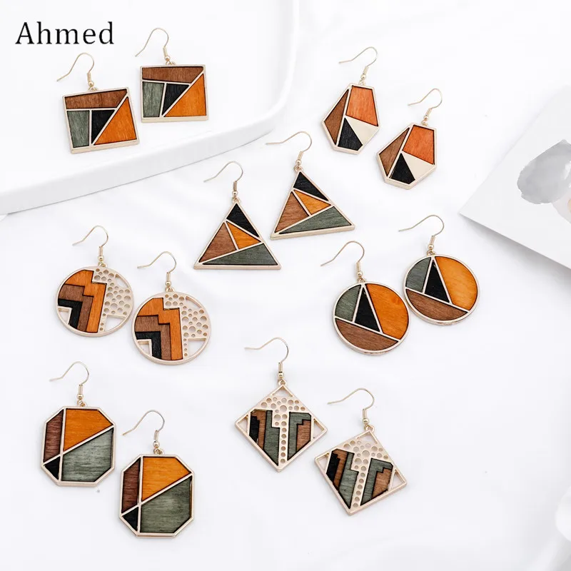 Ahmed Original Creative Minimalist Geometric Contrast Color Wood Pendant Earrings for Women Fashion Drop Dangle Jewelry Gifts