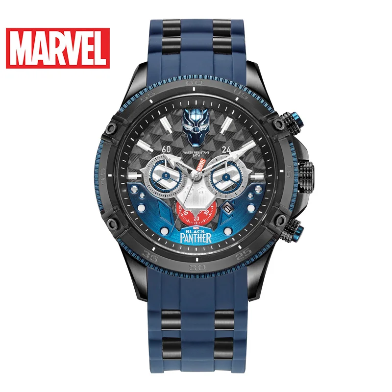 Marvel Official BLACK PANTHER Men Quartz WristWatches 50m Waterproof Stainless Steel Montre Homme Army Multiple Time Zone