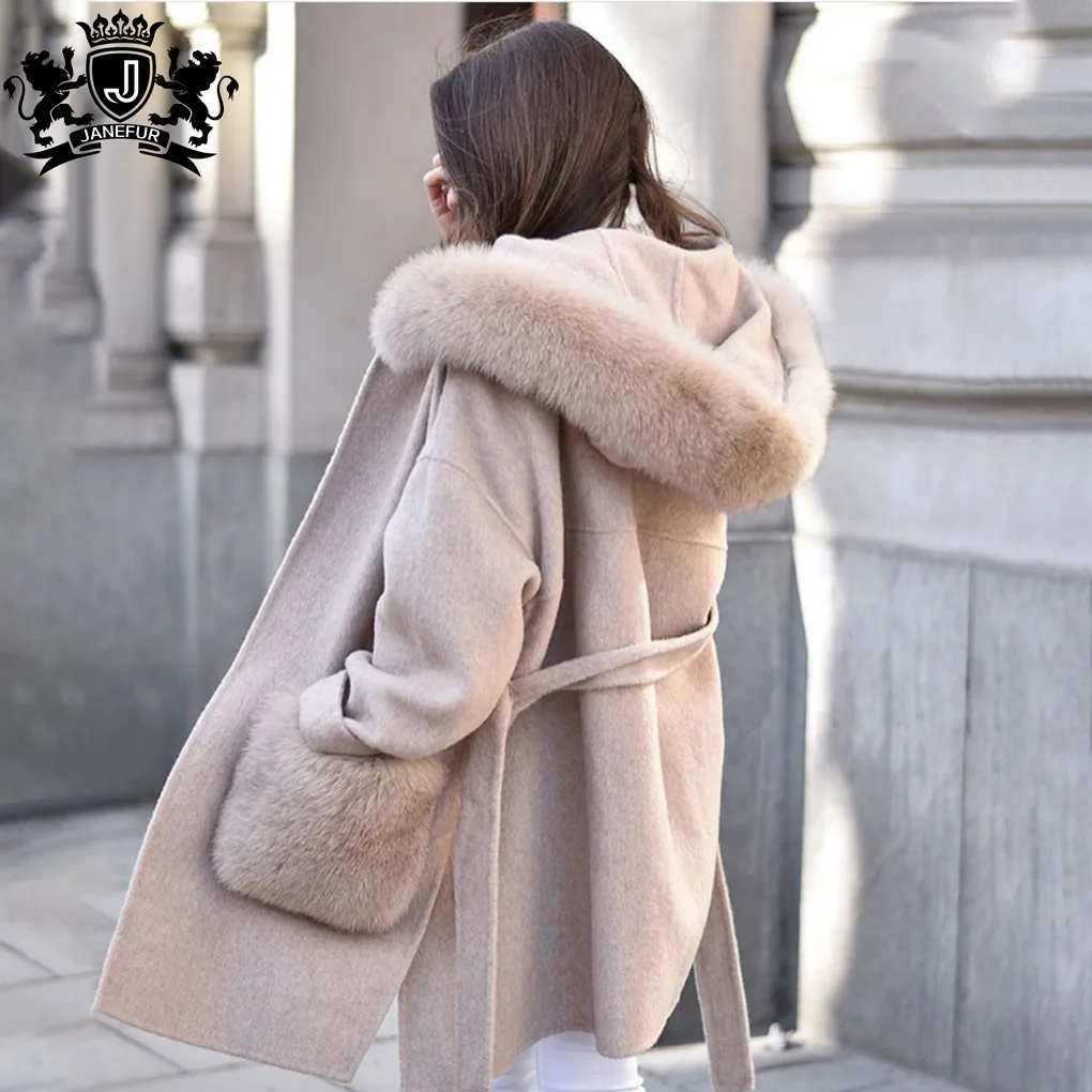 New Design Belt Fur Cashmere Coat Winter Warm Fashion Woolen Coat Oversize Hooded Wool Coats Women