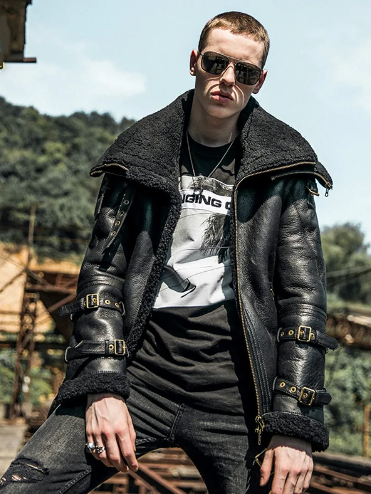 New Sheepskin B3 Shearling Leather Fur Hybrid Coat Men Motorcycle Jacket Male Air Force Clothes