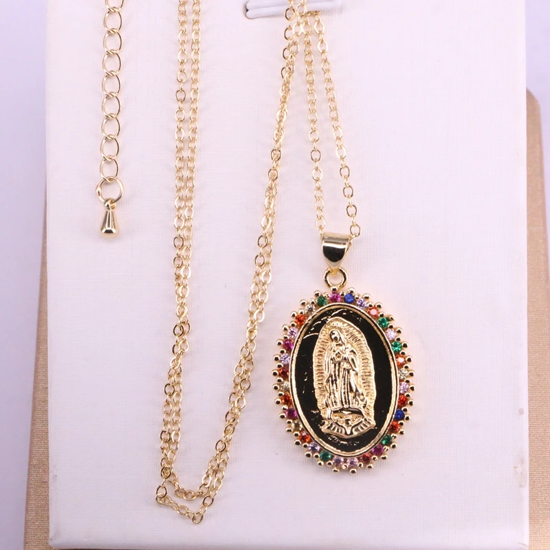 6PCS, Gold Color Multi-color Crystal Zirconia Virgin Jesus CZ Micro Pave  Religious Jewelry Pendant Necklace