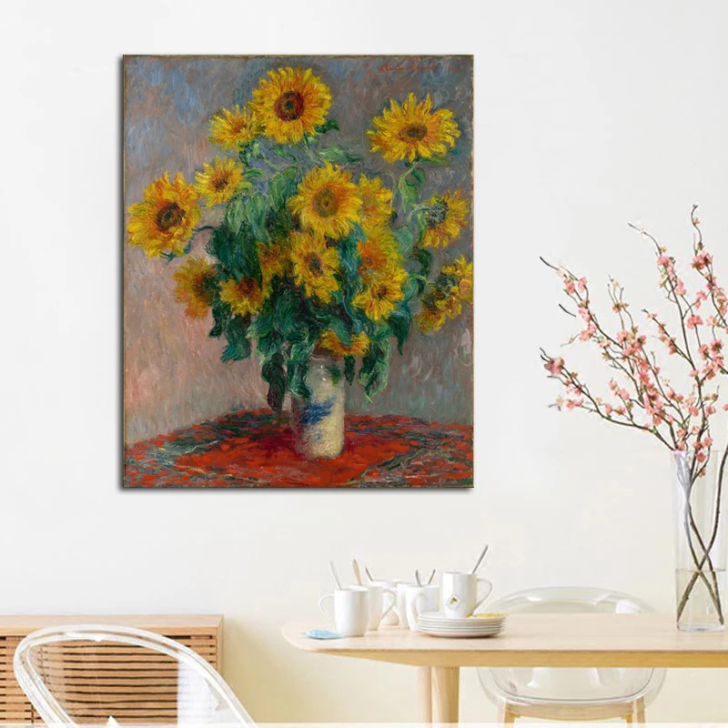 

Claude Monet Bouquet of Sunflowers Hand painted Oil painting on Canvas Vase Art For Home Kitchen Decor Drop Shipping