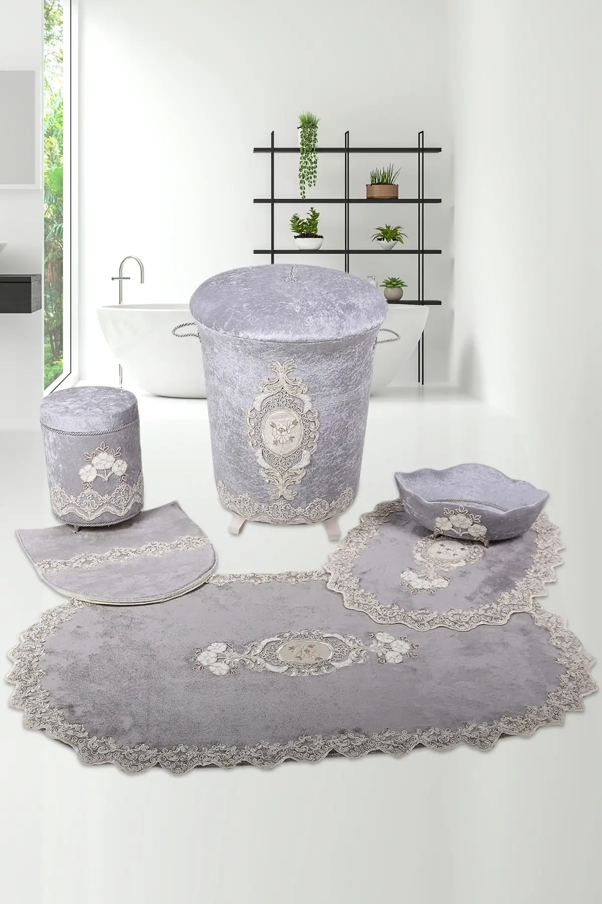 Gray 6 Piece Lacy Bathroom Dirty Laundry Basket Set Bath Mat Set