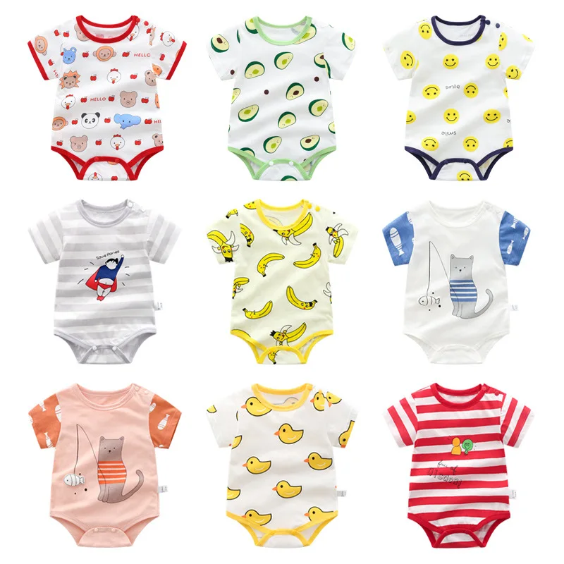 

One-piece Thin Cotton Short-sleeved Bag Fart Shirt Cartoon Print Baby One-piece R-neck Short Sleeve Rompers Wholesale