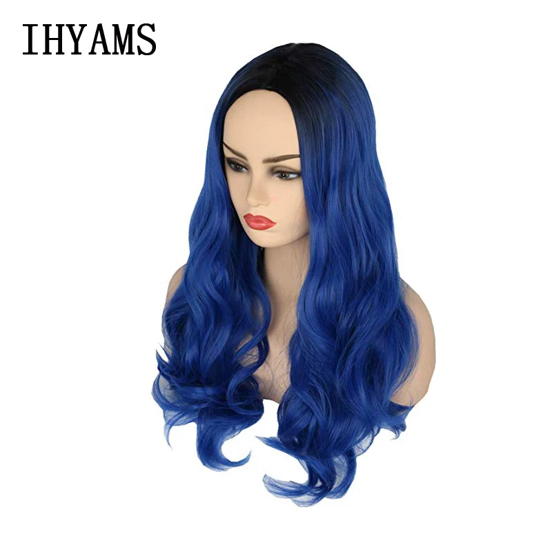 

Movie Descendants 3 Evie Anime Cosplay Wig Halloween Carnival Party For Adult Dark Blue Ombre Black Long Wavy Wig + Wig Cap