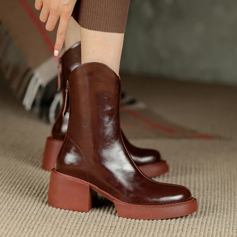 Genuine Leather Chunky Heels Ankle Boots Women Platform Shoes Autumn Winter Ladies Black Chelsea Short Boots Shoes Bottine Femme