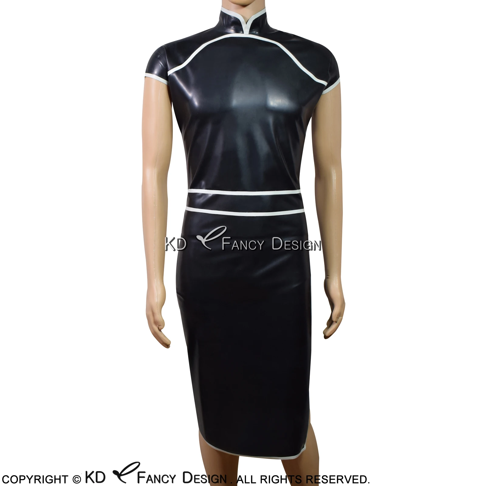 Black And White Trims Sexy Latex Cheongsam Chi-Pao Rubber Dress Playsuit Bodycon Plus Size LYQ-0030