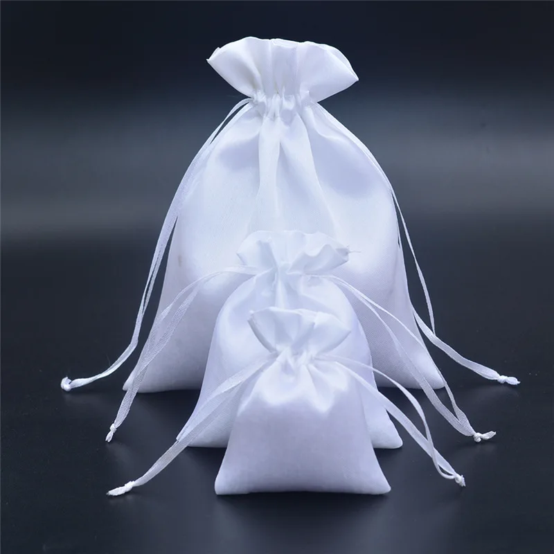 10pcs/lot 7x9, 10x12, 16x20 cm White Satin Pouch Drawstring Bags Candy/Jewelry/Necklace/Rings/Beads Packaging Silk Cloth Bag