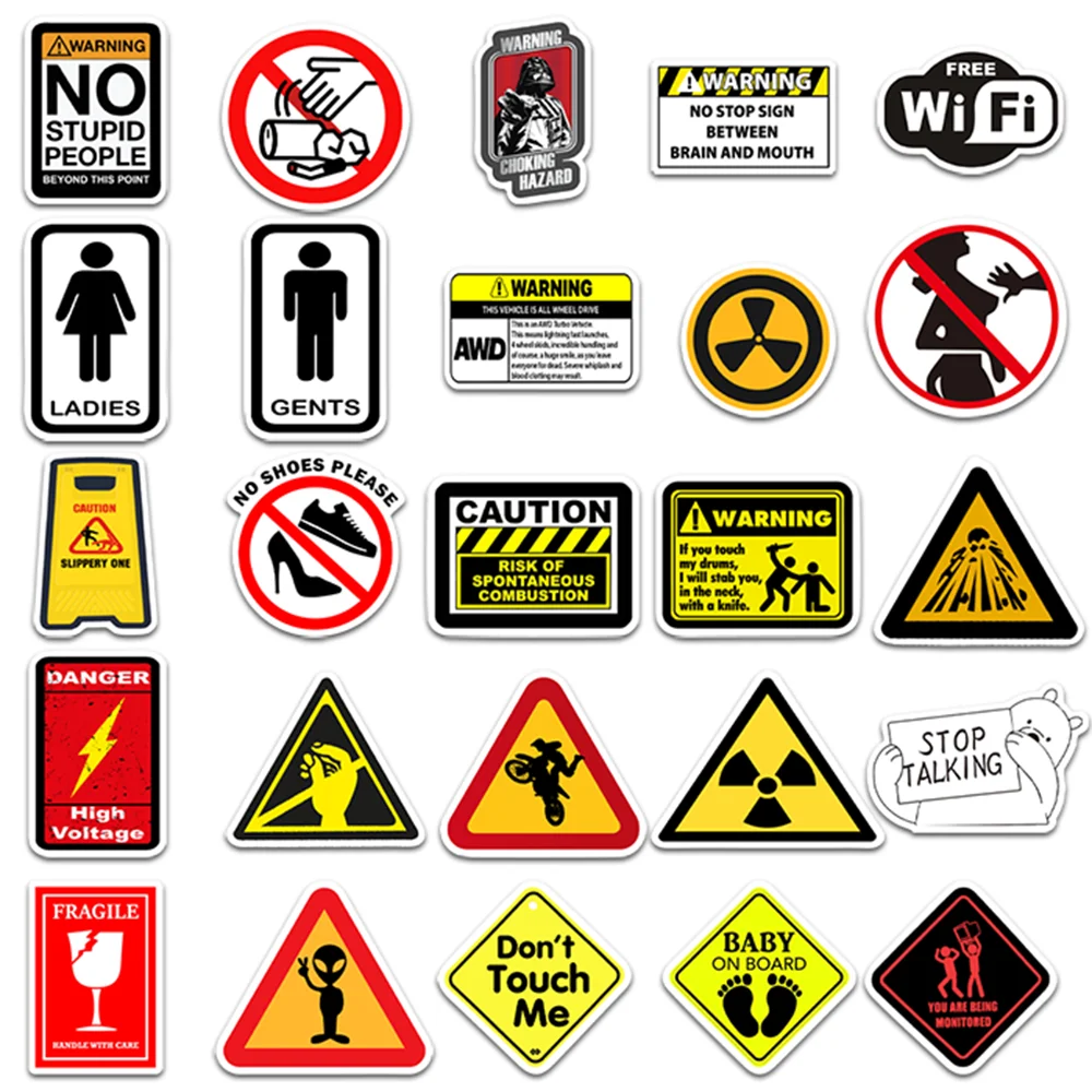 50Pcs Warning Signs Graffiti Stickers Waterproof Decal Sticker to DIY Laptop Suitcase Motor Trunk Car Guitar Mobile Phone