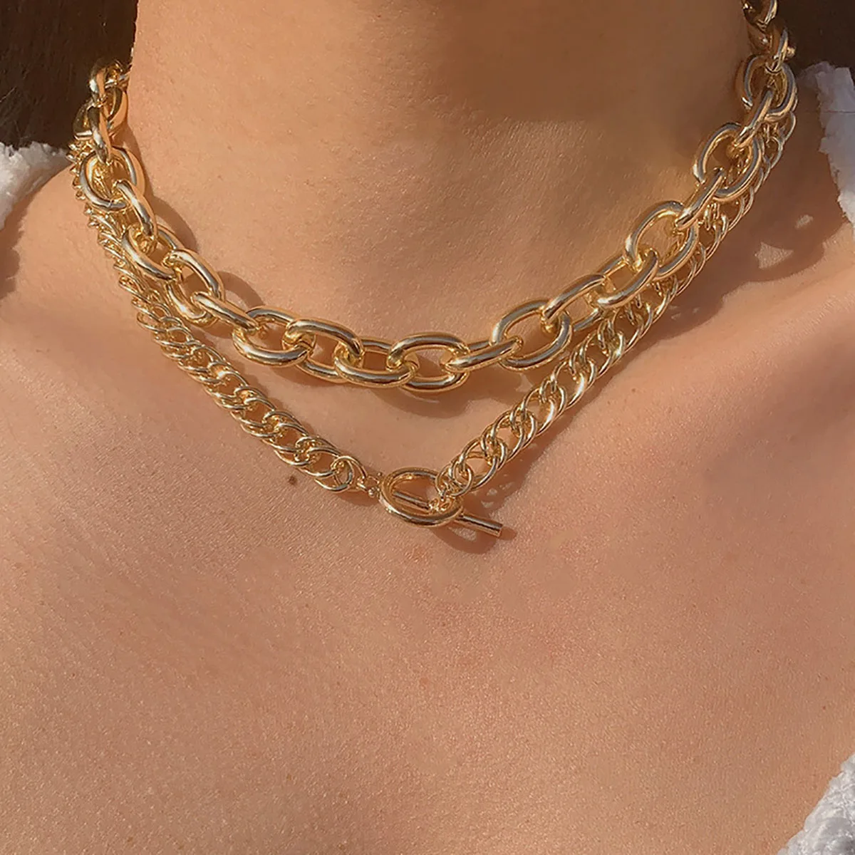 

Multilayer Cuban Rough Cutout Cross Chain Necklace Men's Gold Color Metal Short Clavicle Necklaces Girls Party Fashion Jewelry