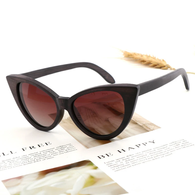 Black Cat Eye Wood Bamboo Polarized Sunglasses for Men and Women,Vintage Sun Glasses Gradient Lens UV400 Eyeglasses