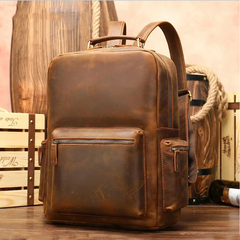 Luufan Crazy Horse Genuine Leather Men Backpack Laptop Business Bag Vintage Cow Leather Travel Backpack Men Daypack School Bags