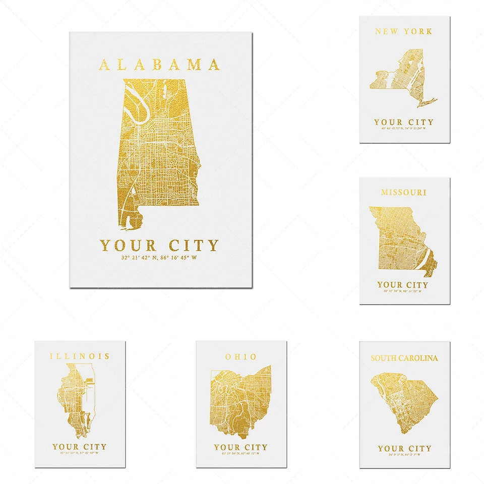 American Alabama, California, Missouri, New York, Washington State and your city map printing decoration poster, city map Nordic