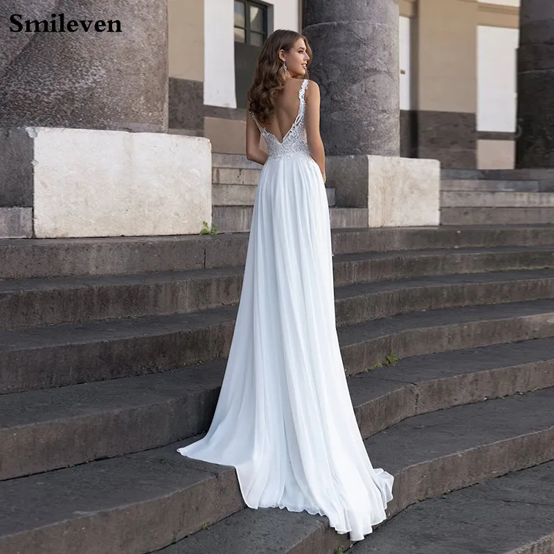 Smileven Chiffon Bohemian Renda Pernikahan Gaun Garis Tali Renda Bridal Gaun Vestido De Noiva 2020