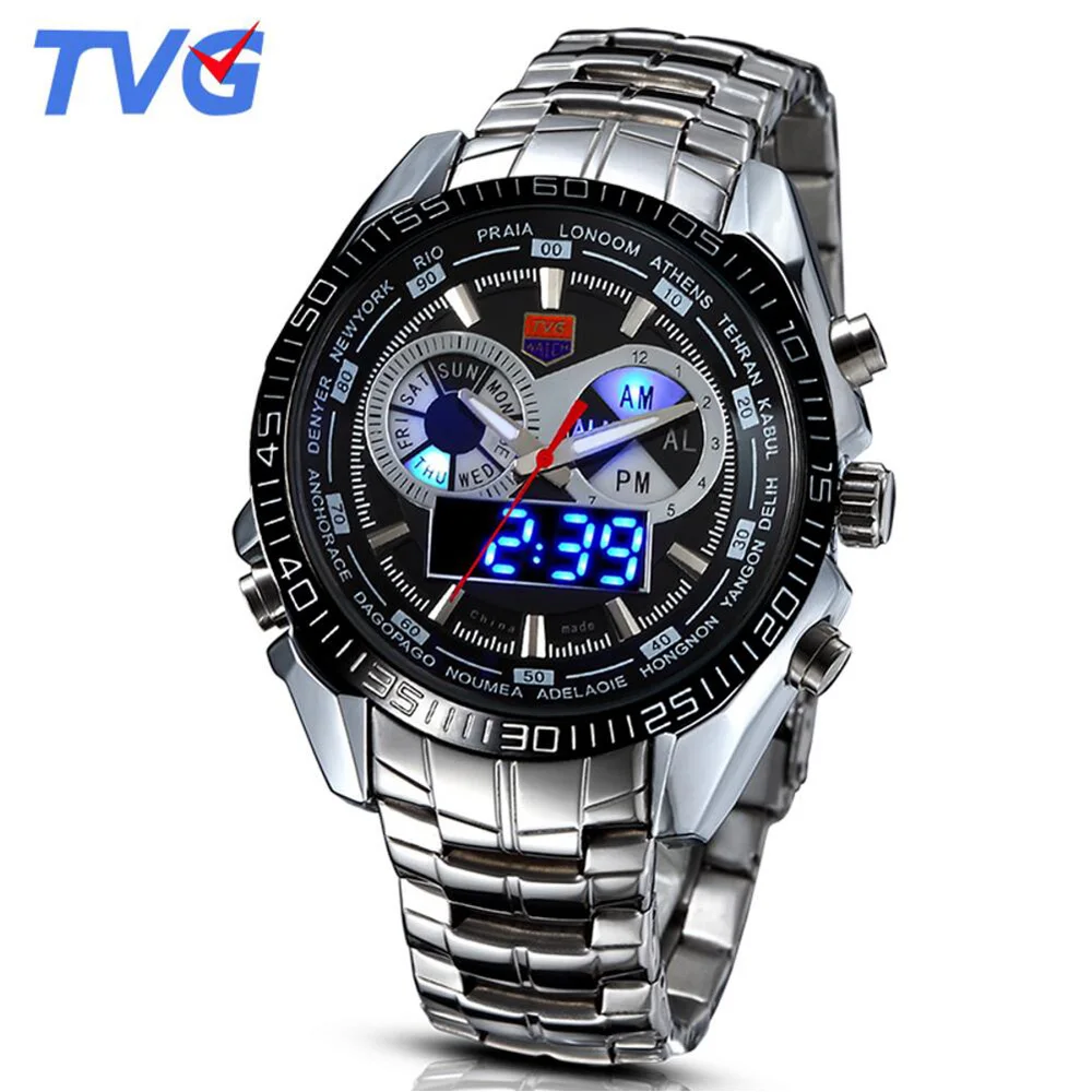 

Men Sports Watches TVG Top Brand Watches Stainless Steel Dual Display Quartz Watches Men Waterproof Military Watches mans watch