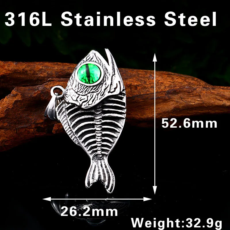 Beier 316L stainless steel Unique 3D Design Fish Bones Green Evil Eyes Men\'s Pendant Punk Animals High Quality Jewelry LLLHP093P