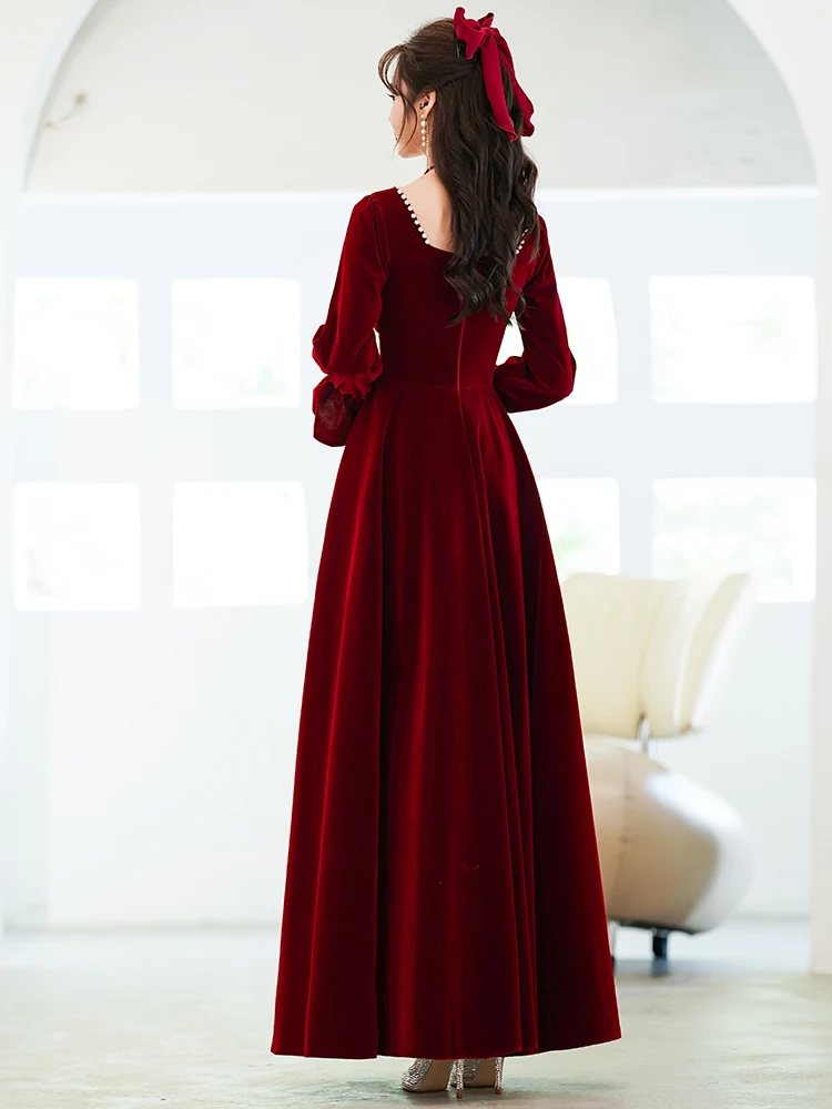 Velvet 4 Styles Toasting Gown Women Sweetheart Collar A-Line Slim Evening Dress Vintage Wine Red Engagement Party Dresses