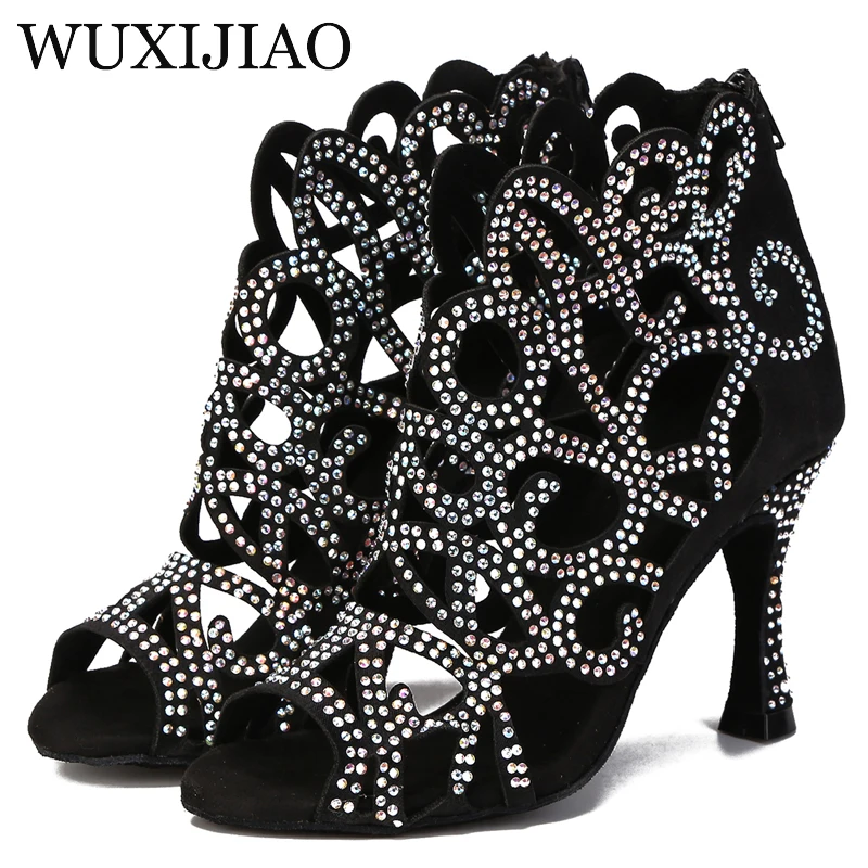 WUXIJIAO Popular hot selling ladies laser hot diamond black Latin salsa boots shoes training stage performance party soft sole