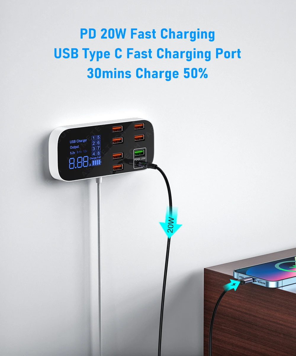Digitalanzeige, Schnellladefunktion, USB-Ladegerät, Hub, Tablet- und Mobiltelefon-Ladegerät, Adapter, Schnellladegerät für iPhone, Xiaomi, Huawei, Samsung. – Detail 3