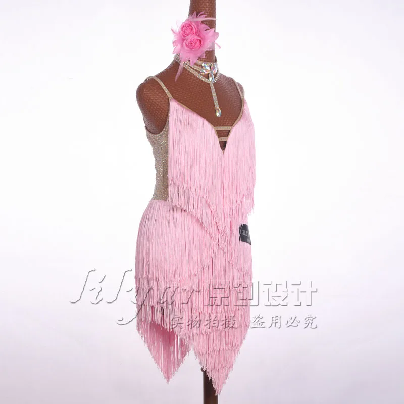 Latin Dance Dress Latin Skirt Competition Dress Costumes Performing Dress Practice Skirt Customize Adult Kids Lady Pink Tassel 1