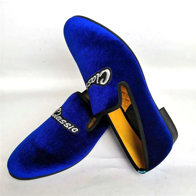 Men Classics Loafers Moccasins Blue Velvet Dress Shoes Wedding Party Flats Smoking Slippers Casual Shoes Fashion