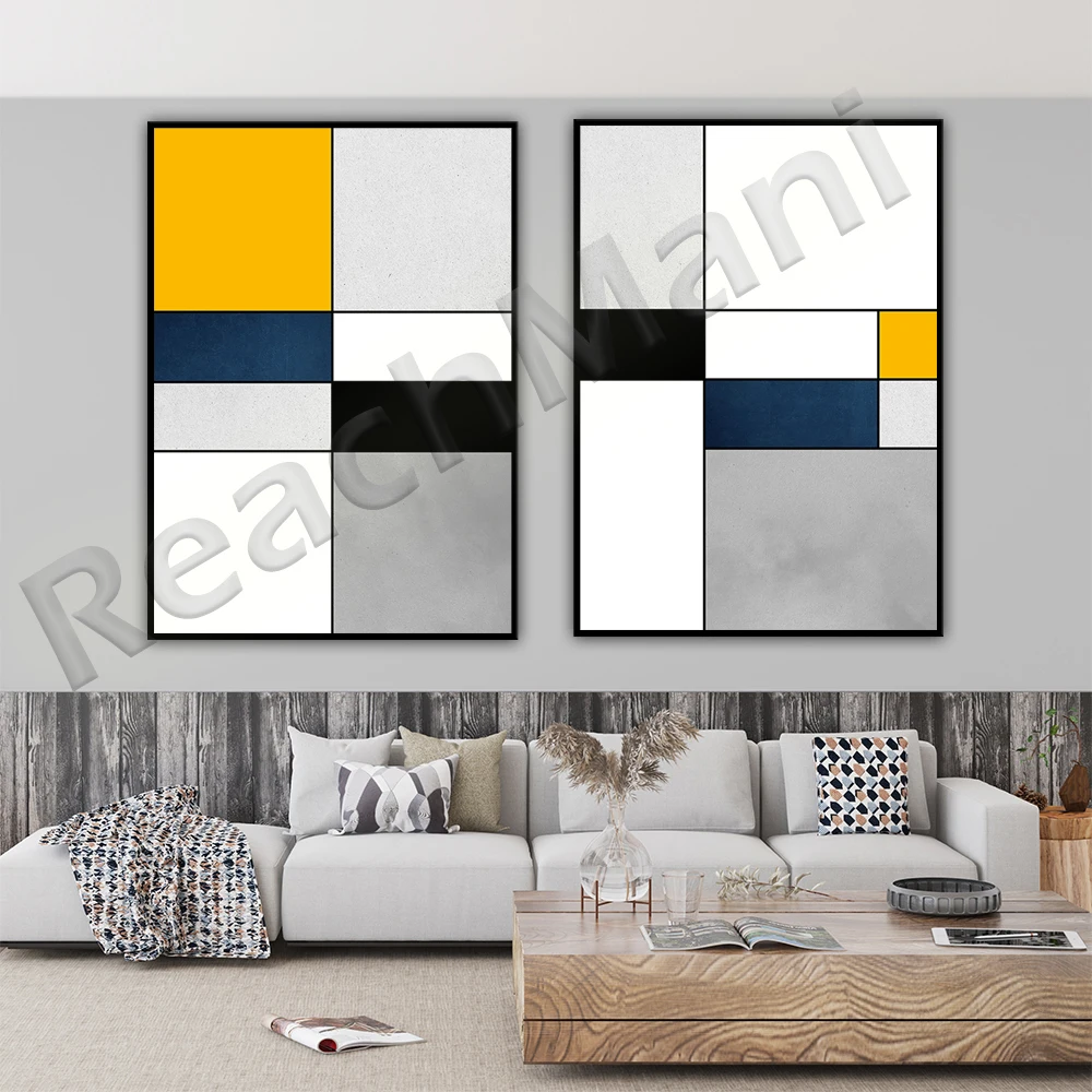 مجردة هندسية جدار الفن يطبع منتصف القرن الفن الحديث الأزرق الداكن أسود أصفر الفن للطباعة باوهاوس الملصقات