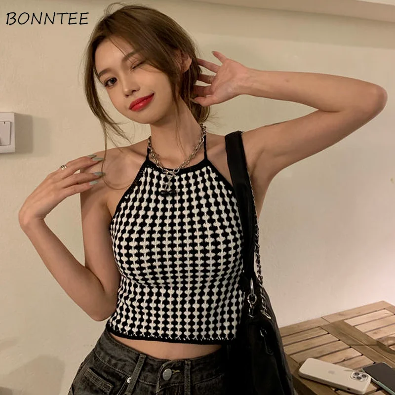 

Camisole Women Sexy Crop Halter Plaid Evening Club Skinny Streetwear Harajuku Korean Style Sweet Y2k Female Chic Tops Designer