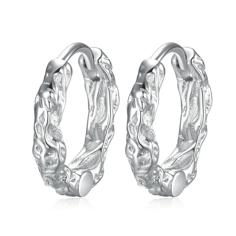 KOFSAC Vintage Black Irregular Texture Hoops Men Jewelry 925 Sterling Silver Earrings For Women Hip-Hop Party Accessories Gifts