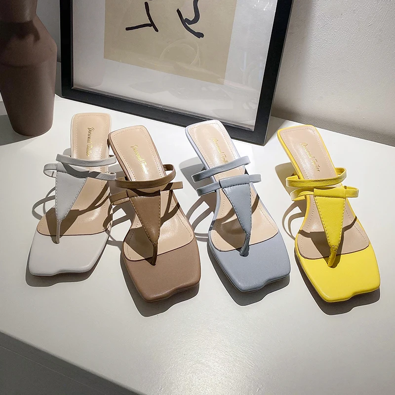 SKLFGXZY สแควร์ใหม่ Flip Flops รองเท้าแตะรองเท้าส้นสูงรองเท้าแตะผู้หญิงเซ็กซี่ Nude Strappy Mules รองเท้าแตะผู้หญิงรองเท้าหนังแท้