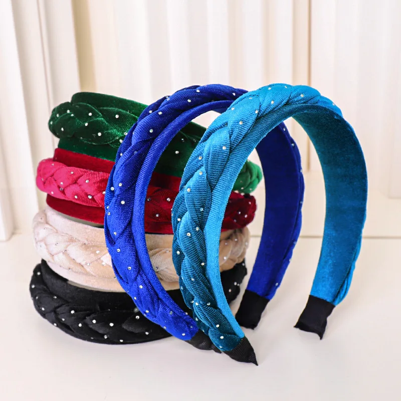 Royal Blue Velvet Braided Headband Rhinestones Decorated Elegant Padded Hairband Ponytail Hair Ornament Wide Head Band Solid