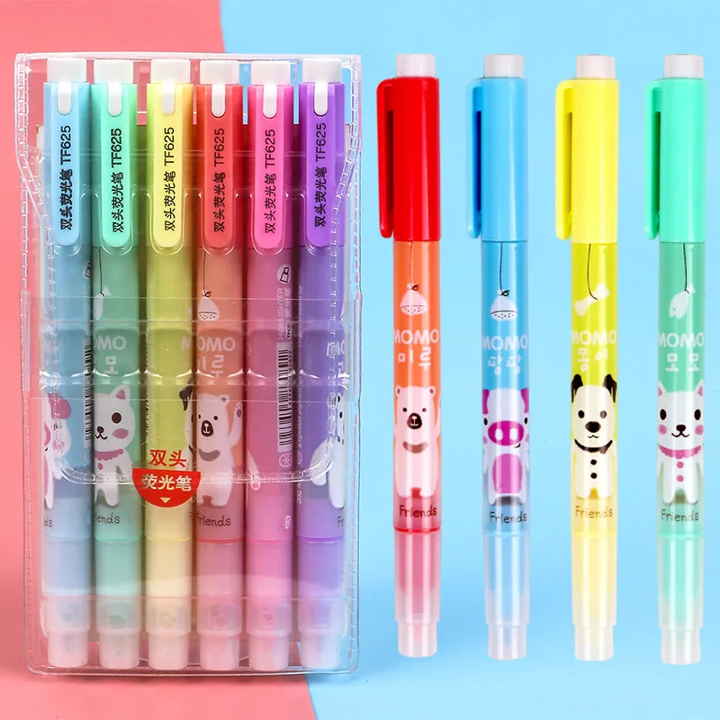 48 pcs/lot Cartoon Animal Highlighter 6 Colors Double Head Fine Fluorescent Marker Liner Drawing Pens Office School Supplies