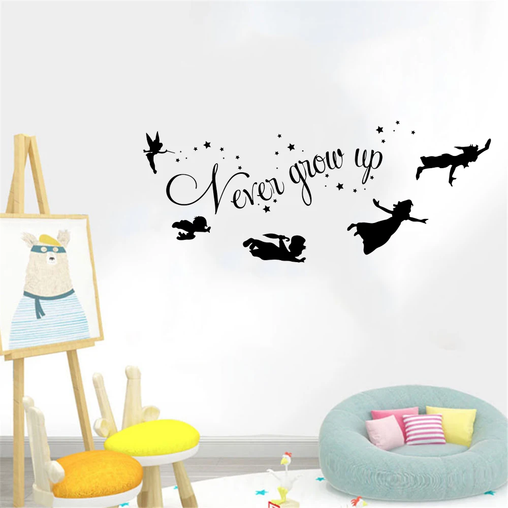 Cartoon Peter Pan Never Grow Up Quote Wall Decal Baby Nursery Kids Room Peter Pan Star Wall Sticker Vinyl Art