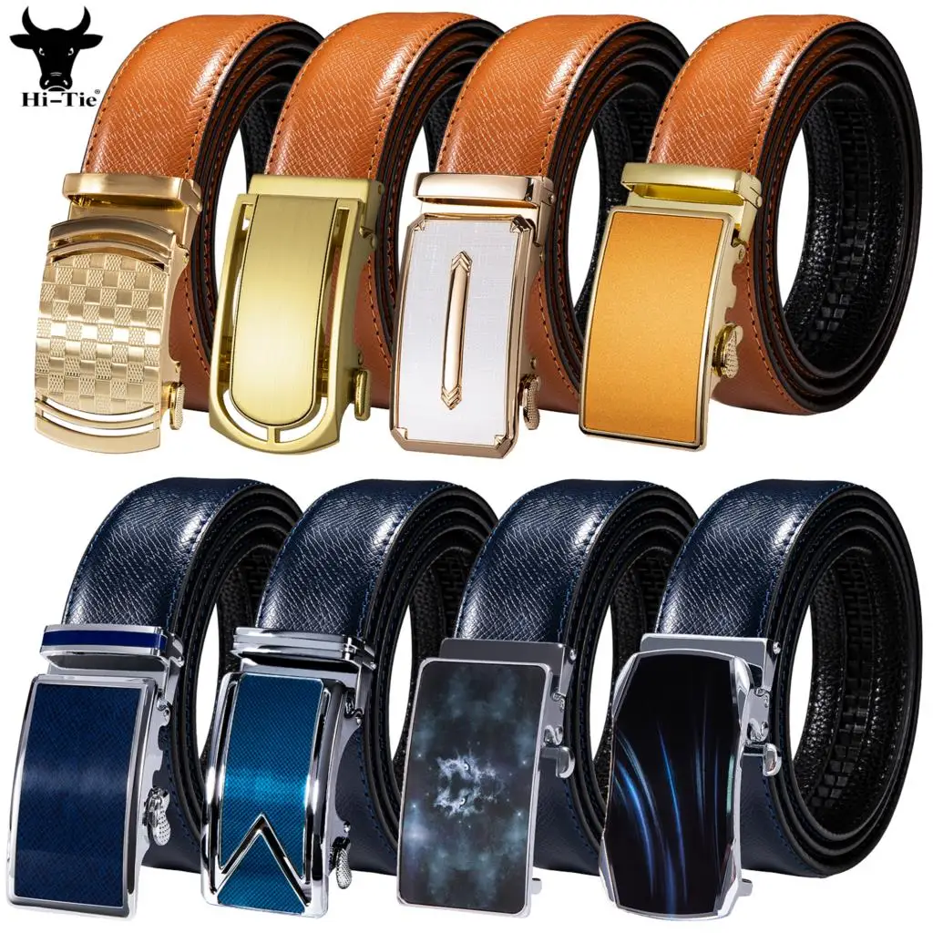 Hi-Tie Mens Belts Blue Navy Orange Genuine Leather Automatic Buckle Men Belt Adjustable Waistband For Dress Jeans Wedding Party