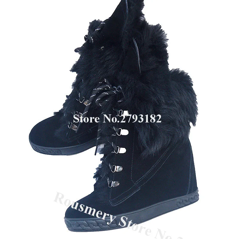 Winter Women Round Toe Black Suede Fur Inside Wedge Heel Short Boots Lace-up Warm Ankle Booties Height Increased Boots