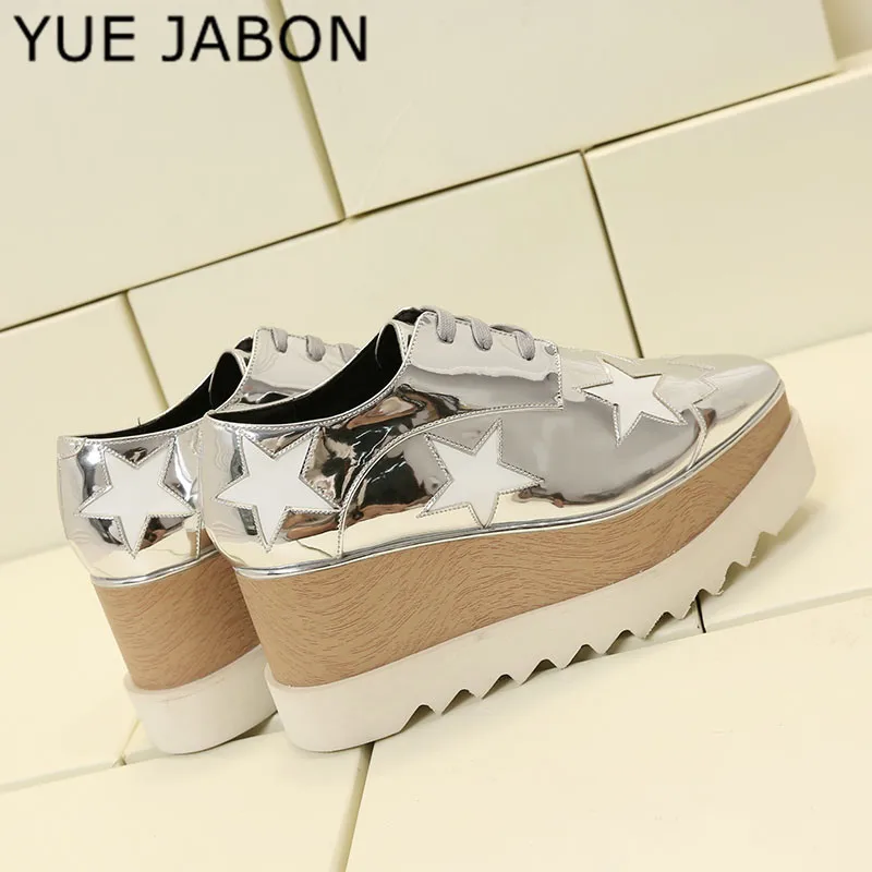 YUE JABON donna Star s mocassino punta quadrata stringata fondo spesso piattaforma zeppa scarpe altezza crescente stella scarpe Casual donna