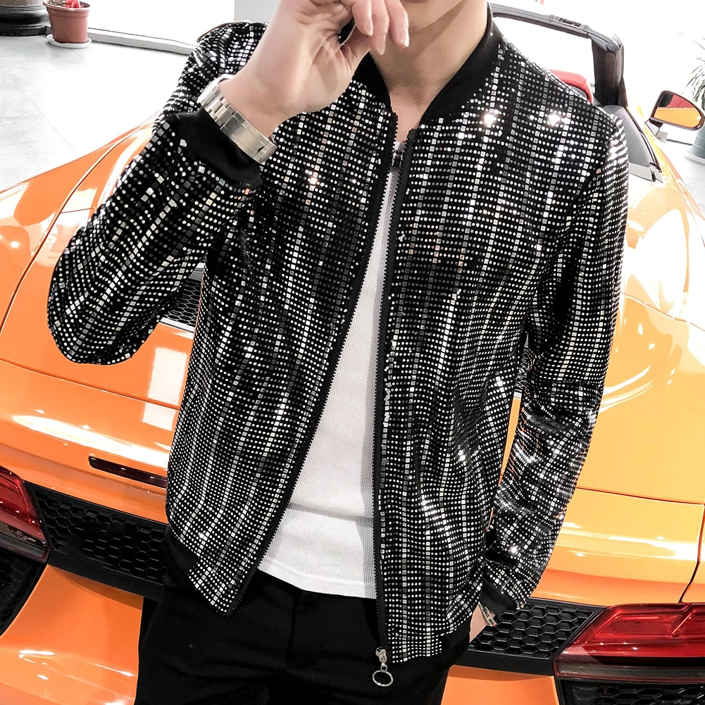 2020New Sequined Bomber Jacket Men Shiny Sequins Long Sleeve Glitter Zipper Coat Hip Hop Loose Night Club Stage Streetwear Coats