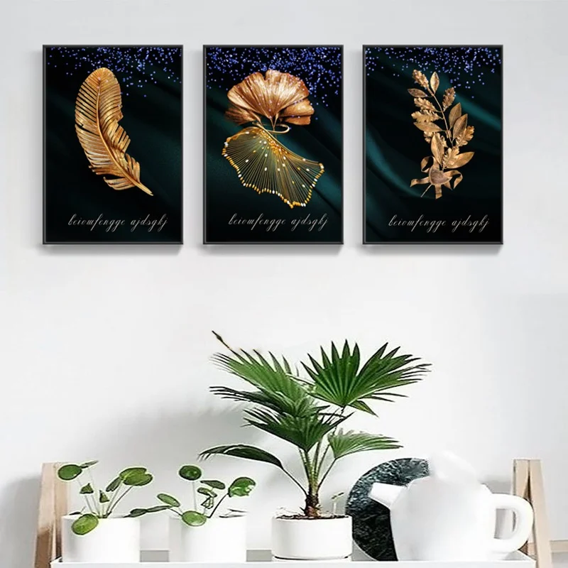 

Abstract Golden Leaves Wall Picture Poster Modern Style Plant Painting On Canvas New Prints For Living Room Home Decoration