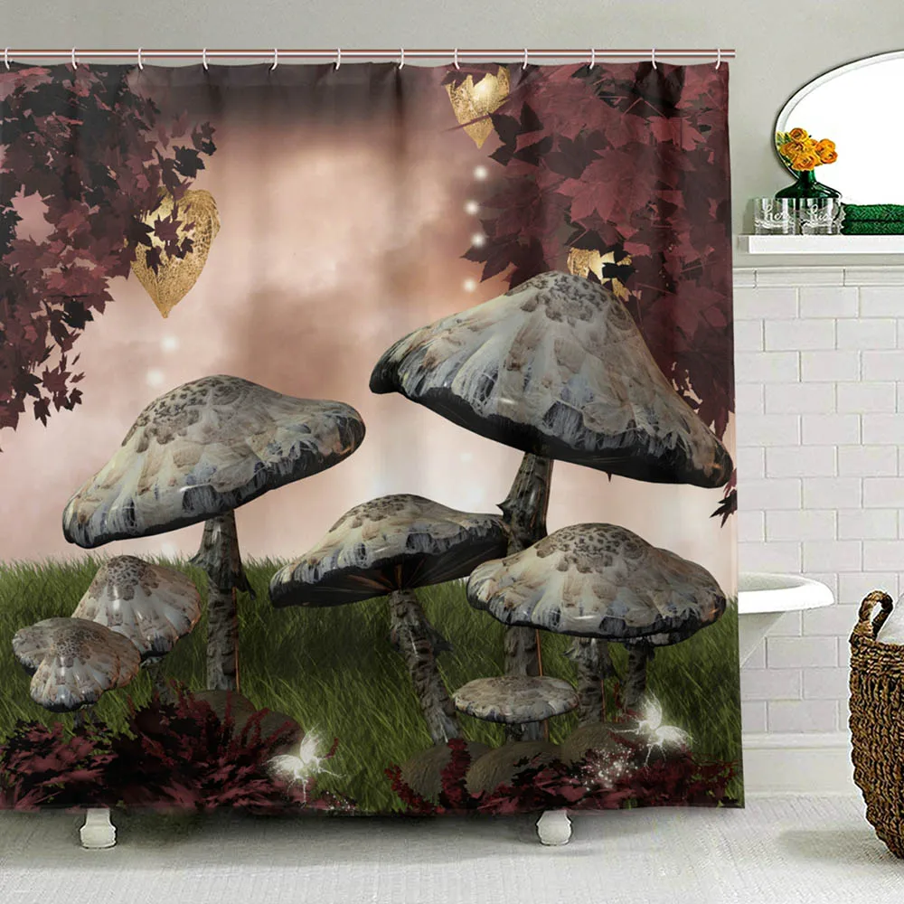 Mushrooms Bath Curtain Waterproof Shower Curtains Red Autumn Forest Bath Screen Printed Polyester Curtain for Bathroom with Hook