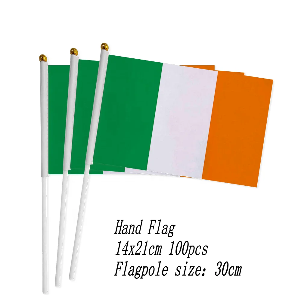 

zwjflagshow Ireland Hand Flag 14*21cm 100pcs polyester fabrics Ireland Small Hand waving Flag with plastic flagpole for decor