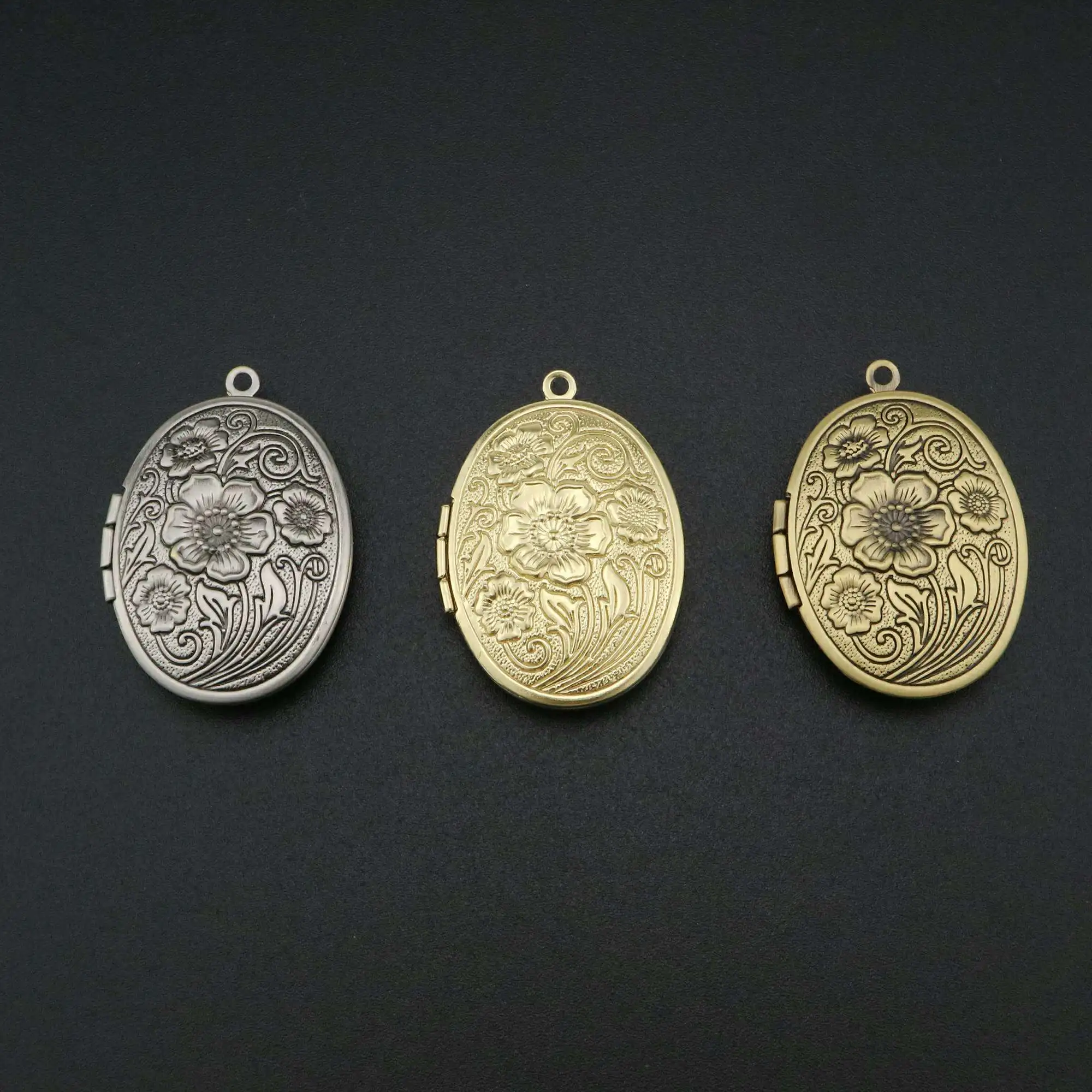 23x29mm brass antiqued silver,bronze flower engraved vintage oval photo locket pendant charm supplies 1121052