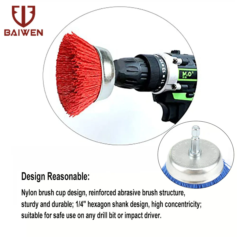 3 Inch Tasse Nylon Schleif Pinsel Rad Bohrer Pinsel 1/4 "Hex Schaft für Metall Entfernen Rost Korrosion Malen Max RPM 4,500
