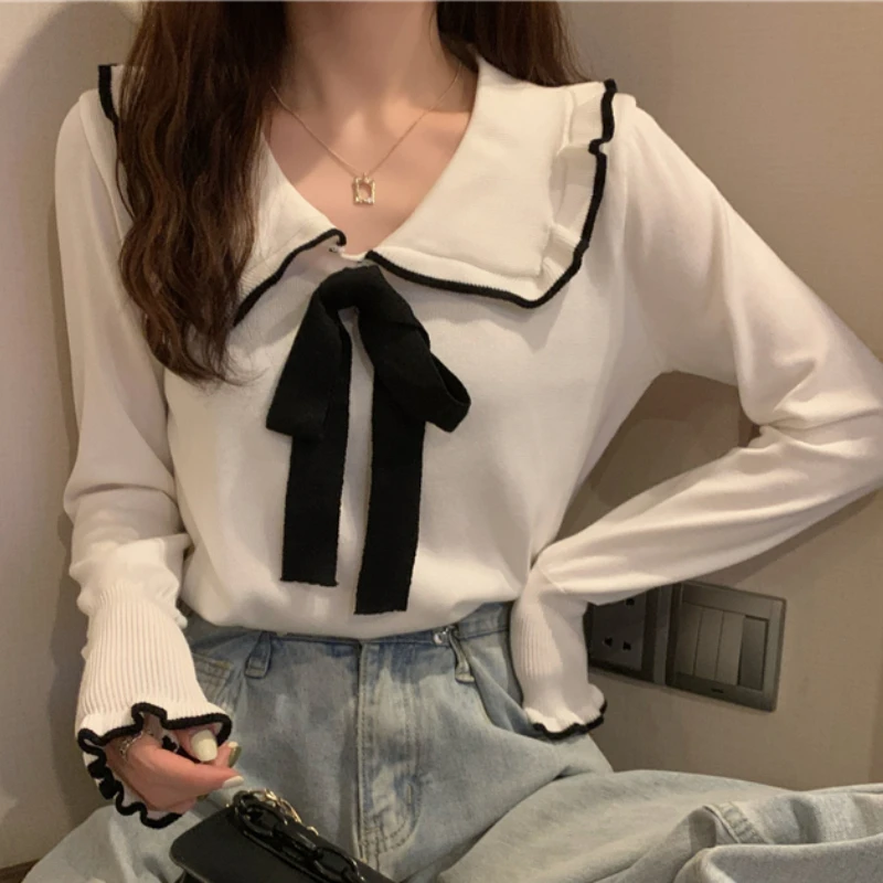 Y2k Pullovers Women Bow All-match Basic Sweater Flare Sleeve BF Peter Pan Collar Knitting Harajuku Spring Soft Clothing Elegant