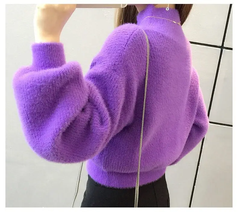 Imitated mink velvet short sweater women's pullover fall/winter lantern sleeves loose outer wear half high collar base sweater