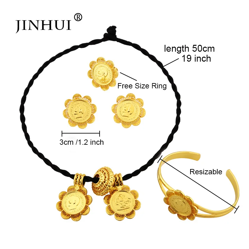 Ethiopian gold color jewelry sets Coin Pendant Necklace Earring Ring for women African wedding bridal gifts