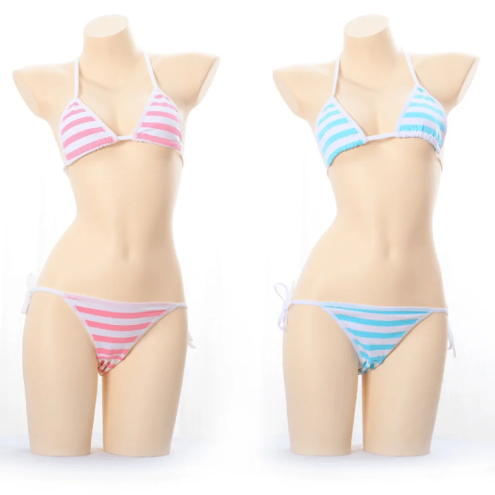 Women\'s blue and white stripe Lace Up Bikini anime Cosplay sexy clothing Kawaii swimsuit underwear set