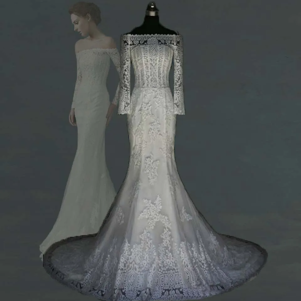 Moda personalizado feito fora do ombro elegante longo trem ver através do laço sereia vestidos de casamento robe de mariage 2020