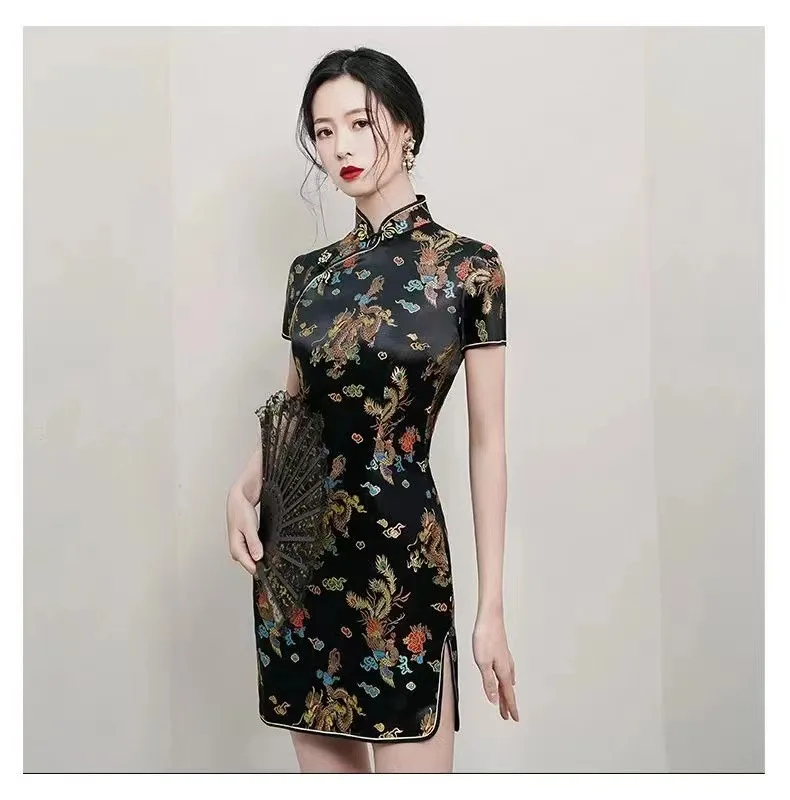 

Women Dragon Phoenix Cheongsam Black Sexy Slim Qipao Cosplay Warlord Wife Knit Brocade Chinese Dress Classic Traditiona Vestidos