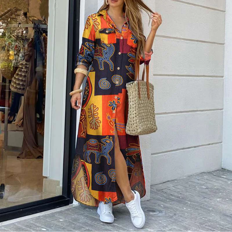 Vintage Women Sundress Long Sleeve Lapel Collar Shirt Dress Printed Maxi Long Dresses 2021 Autumn Casual Robe Femme Vestidos