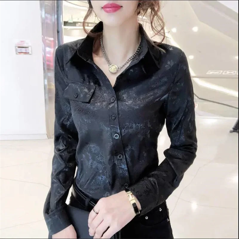 Design sense Diagonal Jacquard Blouses Office Ladies Blusas Lapel Buttons Asymmetry Trend Pocket Tops Women's Casual Shirt