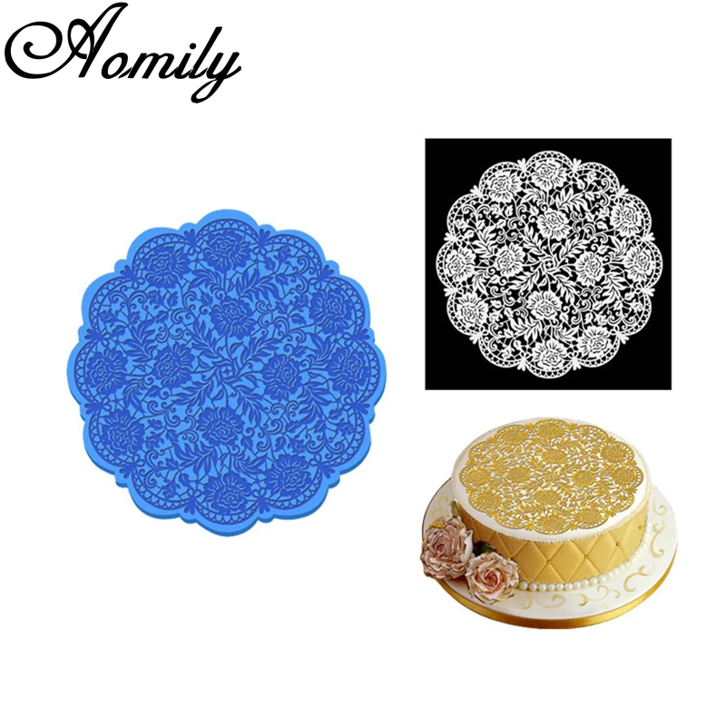 Aomily 18cm Round Silicone Mold Wedding Cake Decorating Tool Beautiful Flower Lace Fondant Mold Icing Mat Pad Pastry Baking Tool